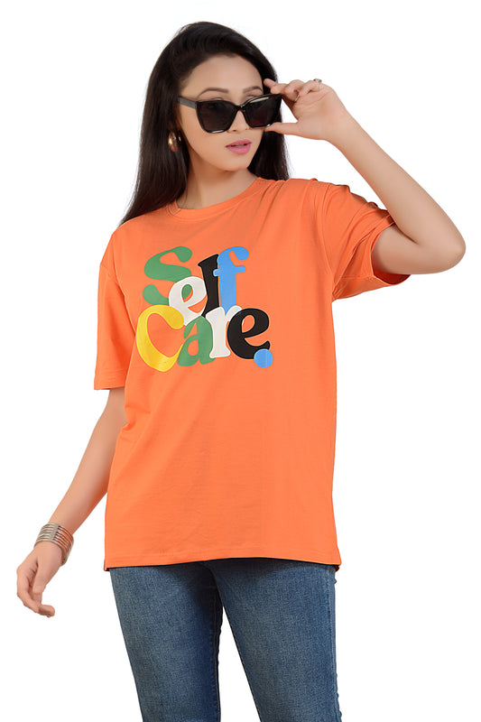 Self Care Orange Printed Cotton Round Neck T-shirt