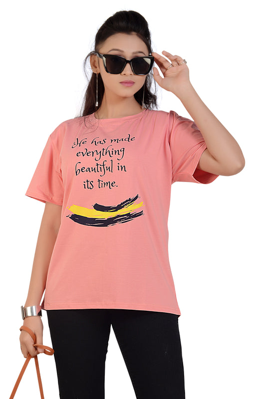 Beautiful Printed Pink Cotton Round Neck T-shirt